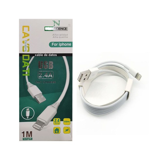 CABO DE DADOS RELÂMPAGO NEW SCIENCE PARA IPHONE 2.4A 1M BRANCO